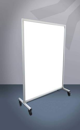 Mobile Trennwand mit satiniertem Acryl und stabilem Alurahmen.