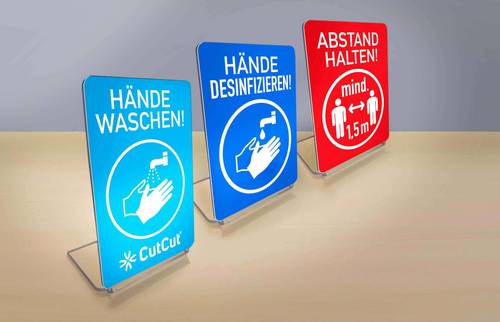 Hinweisschild „Hände waschen“ als Aufsteller mit individuellem Firmenlogo.