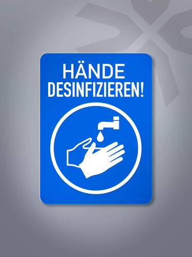Hinweisschild „Hände desinfizieren“ in Signalblau